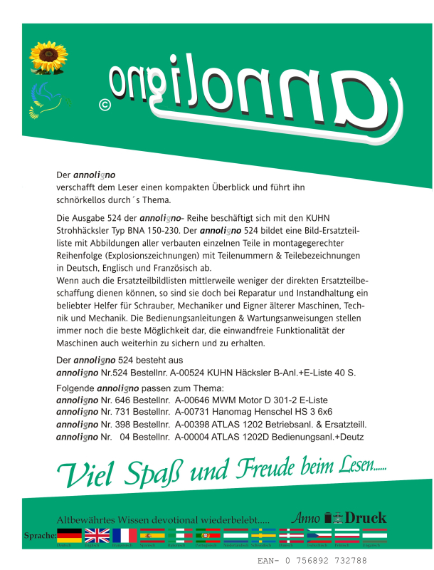 KUHN Häcksler/Strohhäcksler Typ BNA 150-175-200-230 Bild- Ersatzteilliste & Explosionszeichnungen - annoligno 524